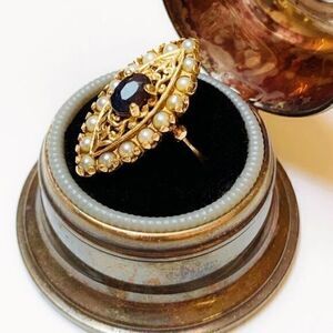 Victorian Midnight Sapphire, Seed Pearl Navette Style Ring